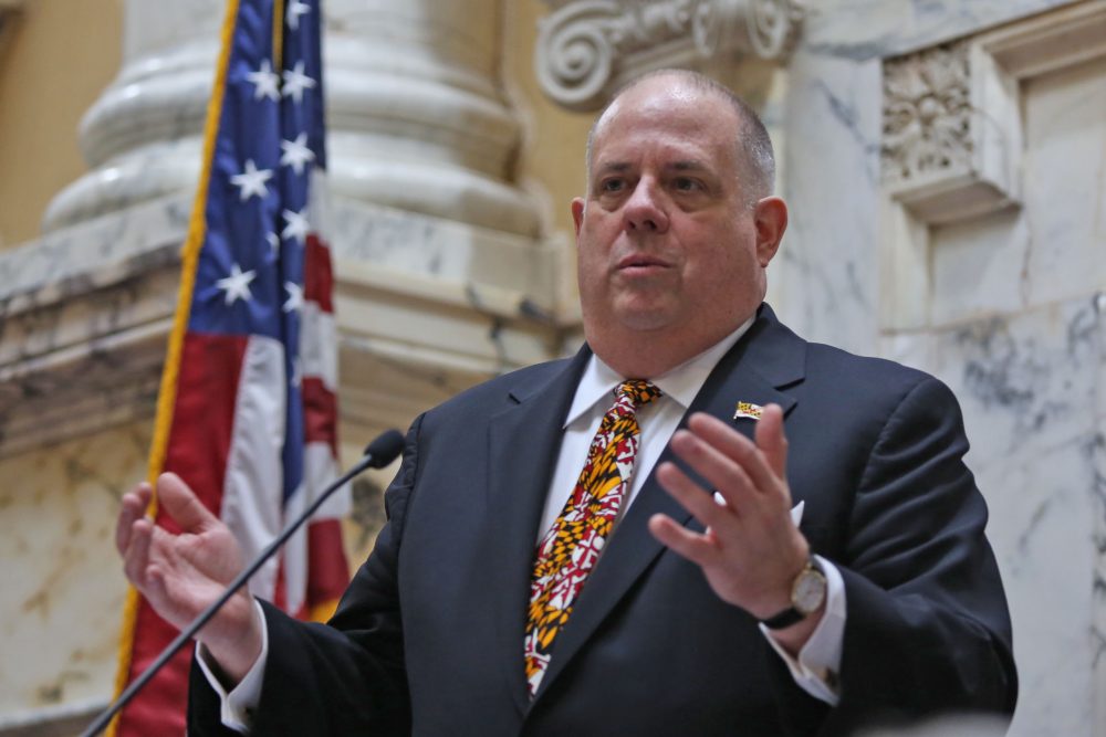 Governor Larry Hogan, a Republican, gavels in the first day of the Maryland legislative session in the Senate, on Wednesday, Jan. 11, 2017, in Annapolis, Md. (Hannah Klarner/Capital News Service via AP)
