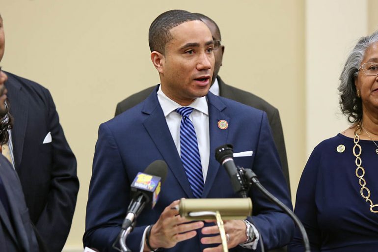 Sen. Will Smith. D-Montgomery, speaks at a Legislative Black Caucus meeting on Jan. 11, 2017, in Annapolis, Md. Smith is sponsoring a bill to ban suspension in nearly all cases for all pre-kindergarten students in public schools. (Hannah Klarner / Capital News Service)