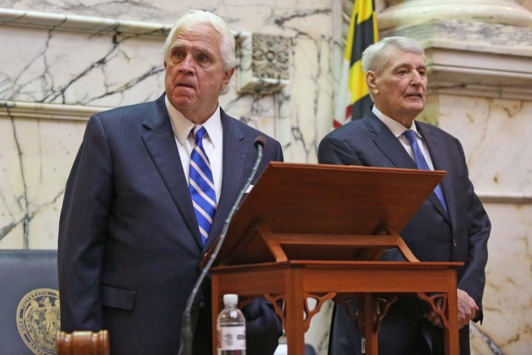 Senate President Mike Miller, left, and House Speaker Michael Busch wait to open the State of the State address in Annapolis, Md. on February 1, 2017. (Hannah Klarner/ Capital News Service)