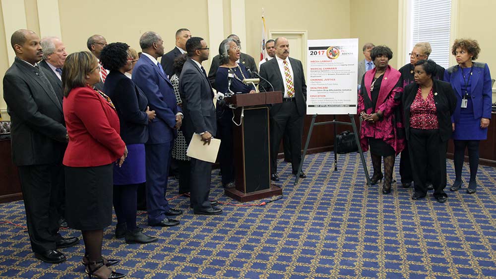 Members of the Legislative Black Caucus of Maryland gather for a presentation of their priority agenda items on, Wednesday, Jan. 11, 2017, in Annapolis, Md. The Caucus is prioritizing issues ranging from the ongoing lawsuit involving historically black colleges, medical cannabis, and the suspension of pre-kindergarten students in Baltimore City. (Hannah Klarner/Capital News Service)
