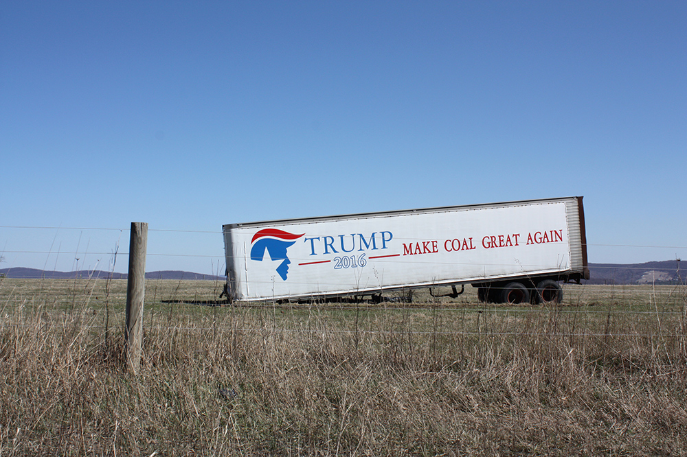 A pro-Trump trailer still sits alongside I-68 in Allegany County. Coal has been mined in western Maryland since the late 1800s, but few believe the area’s economic future lies in mining. (Photo by J.F. Meils/Capital News Service.)