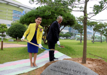 Maryland Secretary of State John Wobensmith and first lady Yumi Hogan plant a tree in Jeollanam-do province to dedicate it becoming a sister state with Maryland. Jeollanam-do province is the second sister state relationship Maryland has with South Korea, and is also where Hogan was born. Photo courtesy of the Maryland Governor’s Press Office.