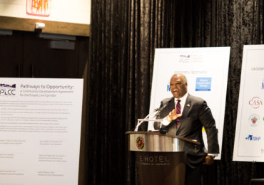 Prince George’s County Executive Rushern Baker signed an agreement Tuesday promising responsible growth along the Purple Line corridor, along with Montgomery County Executive Ike Leggett and other local leaders, in College Park, Maryland, on Nov. 28, 2017. (CJ Mitchell/Capital News Service)