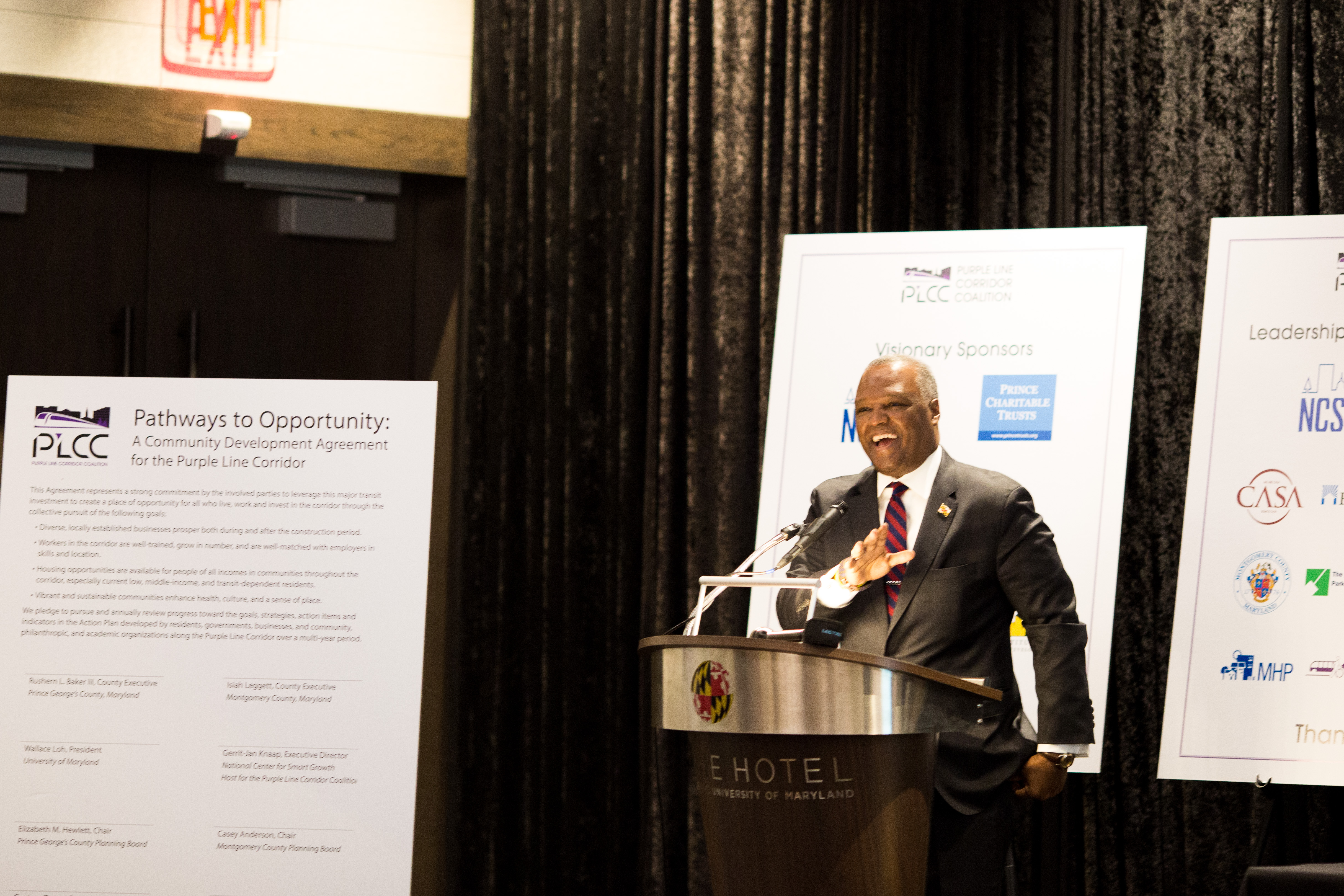 Prince George’s County Executive Rushern Baker signed an agreement Tuesday promising responsible growth along the Purple Line corridor, along with Montgomery County Executive Ike Leggett and other local leaders, in College Park, Maryland, on Nov. 28, 2017. (CJ Mitchell/Capital News Service)