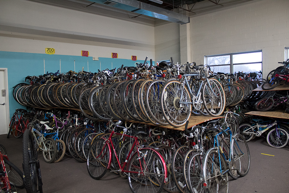 The Bikes for the World warehouse in Rockville, Maryland, houses more than 1,000 bicycles on Thursday, Nov. 30, 2017. (Josh Schmidt/Capital News Service)