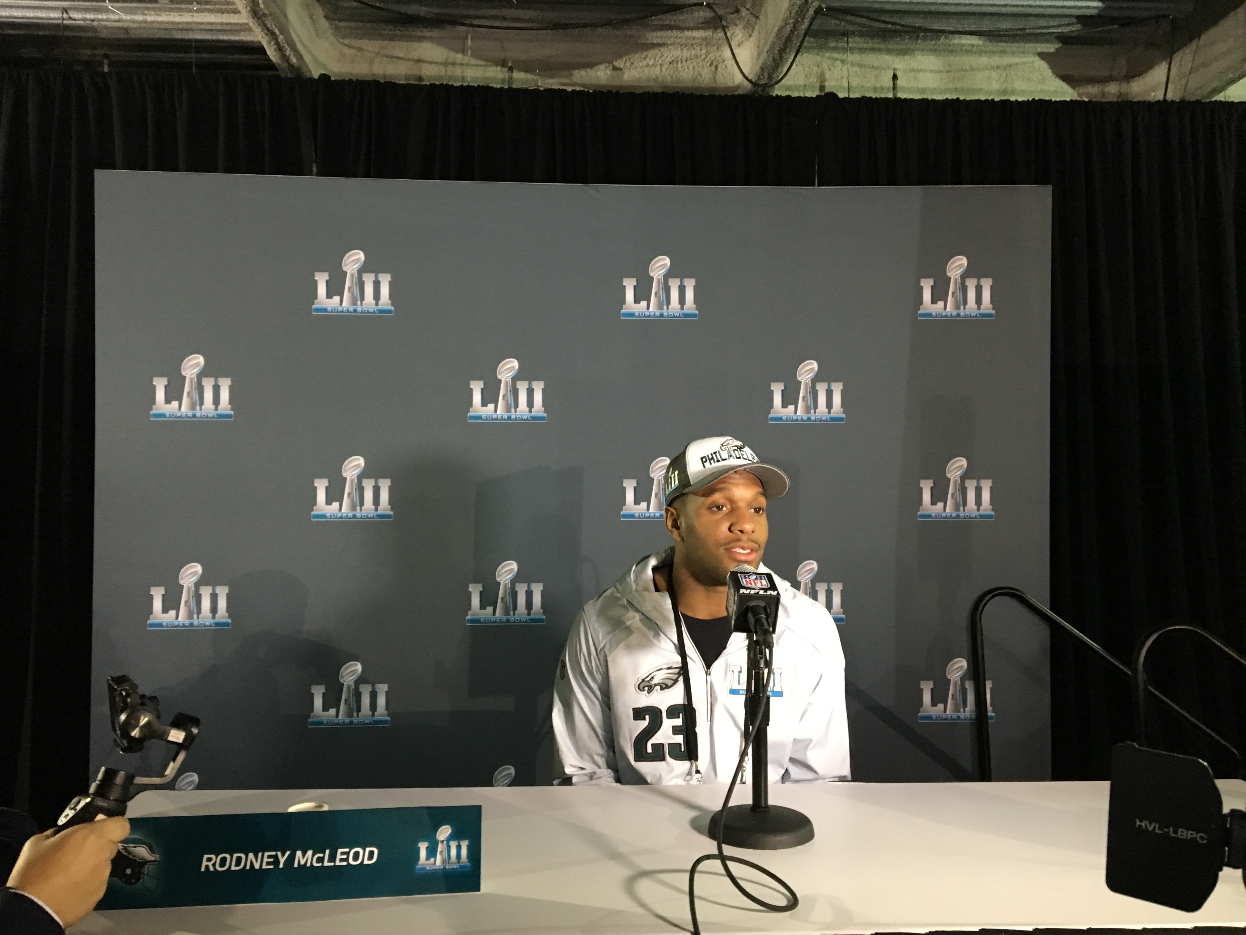 Rodney McLeod, the Philadelphia Eagles starting safety, was a standout player at DeMatha Catholic High School in Hyattsville, Maryland. He told reporters at the Super Bowl Opening Night event Monday that the culture at DeMatha taught him that “Hard work does pay off.” Capital News Service photo by Kyle Melnick.