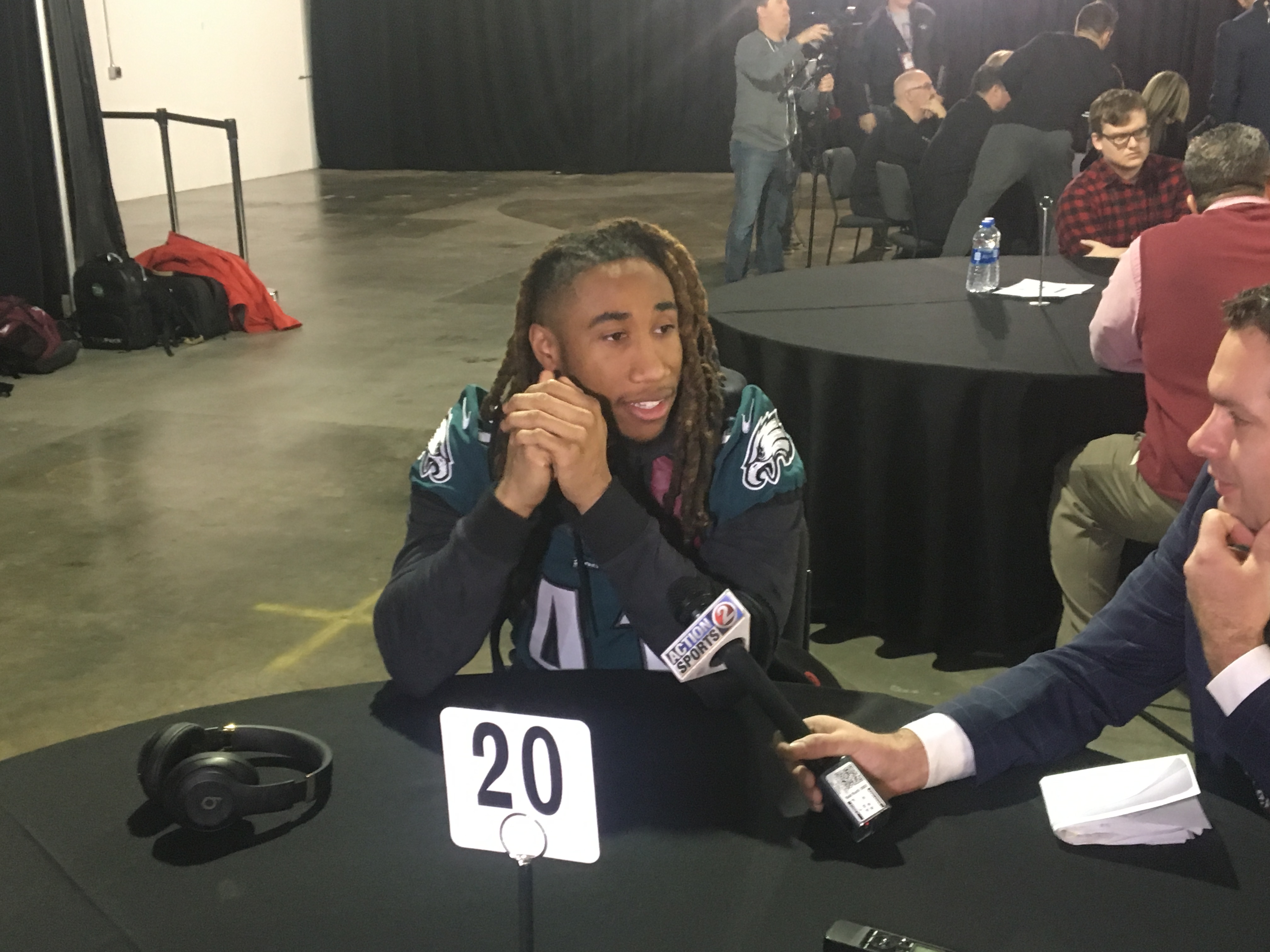Philadelphia Eagles cornerback Ronald Darby, whose speed set him apart at Potomac High School in Oxon Hill, Maryland and at Florida State University, speaks with reporters at the Mall of America Wednesday, in advance of the Super Bowl. Capital News Service photo by Kyle Melnick.