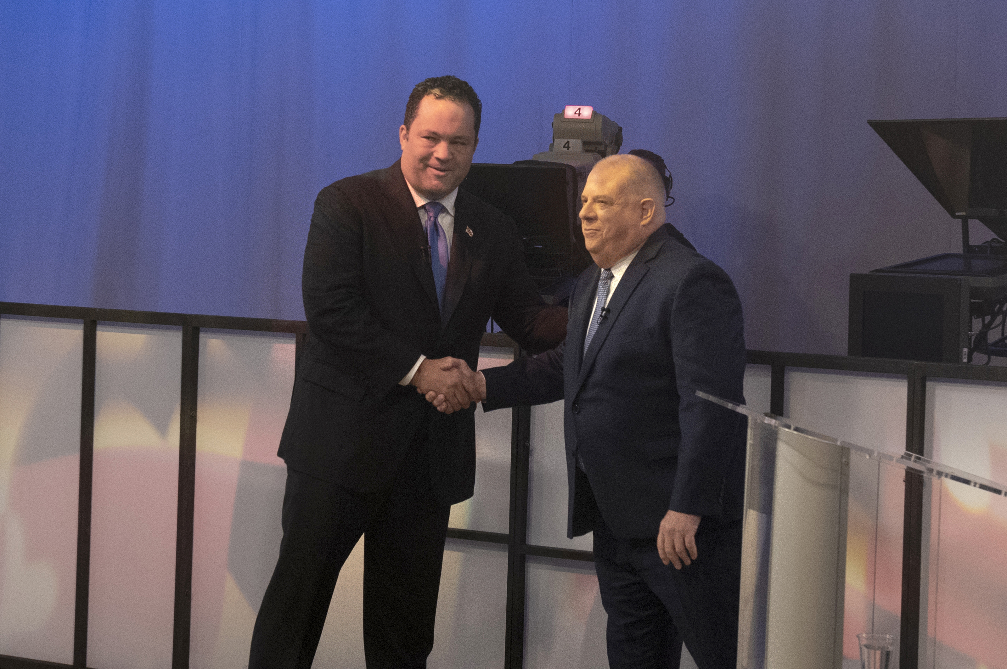 Democratic challenger Ben Jealous shakes hands with incumbent Republican Gov. Larry Hogan at the lone 2018 Maryland gubernatorial debate on Monday, Sept. 24, 2018, in Owings Mills, Maryland.