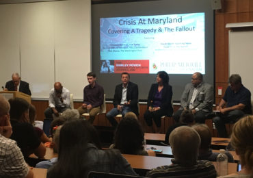 Panelists discuss the media coverage of Maryland football player Jordan McNair's death. From left: Washington Post columnist and Maryland professor Kevin Blackistone, Diamondback sports editor James Crabtree-Hannigan, Washington Post writer Rick Maese, USA Today sports columnist Christine Brennan, Sporting News writer David Steele, and The Nation sports editor Dave Ziren. (Zach Selby/Capital News Service)