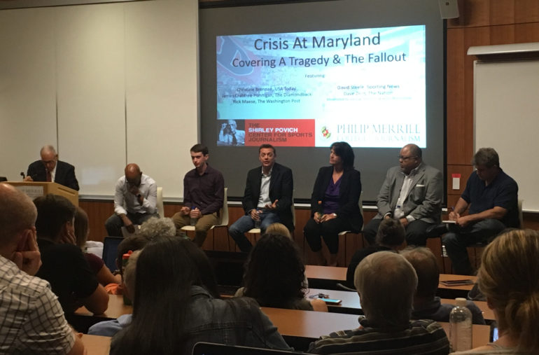 Panelists discuss the media coverage of Maryland football player Jordan McNair's death. From left: Washington Post columnist and Maryland professor Kevin Blackistone, Diamondback sports editor James Crabtree-Hannigan, Washington Post writer Rick Maese, USA Today sports columnist Christine Brennan, Sporting News writer David Steele, and The Nation sports editor Dave Ziren. (Zach Selby/Capital News Service)