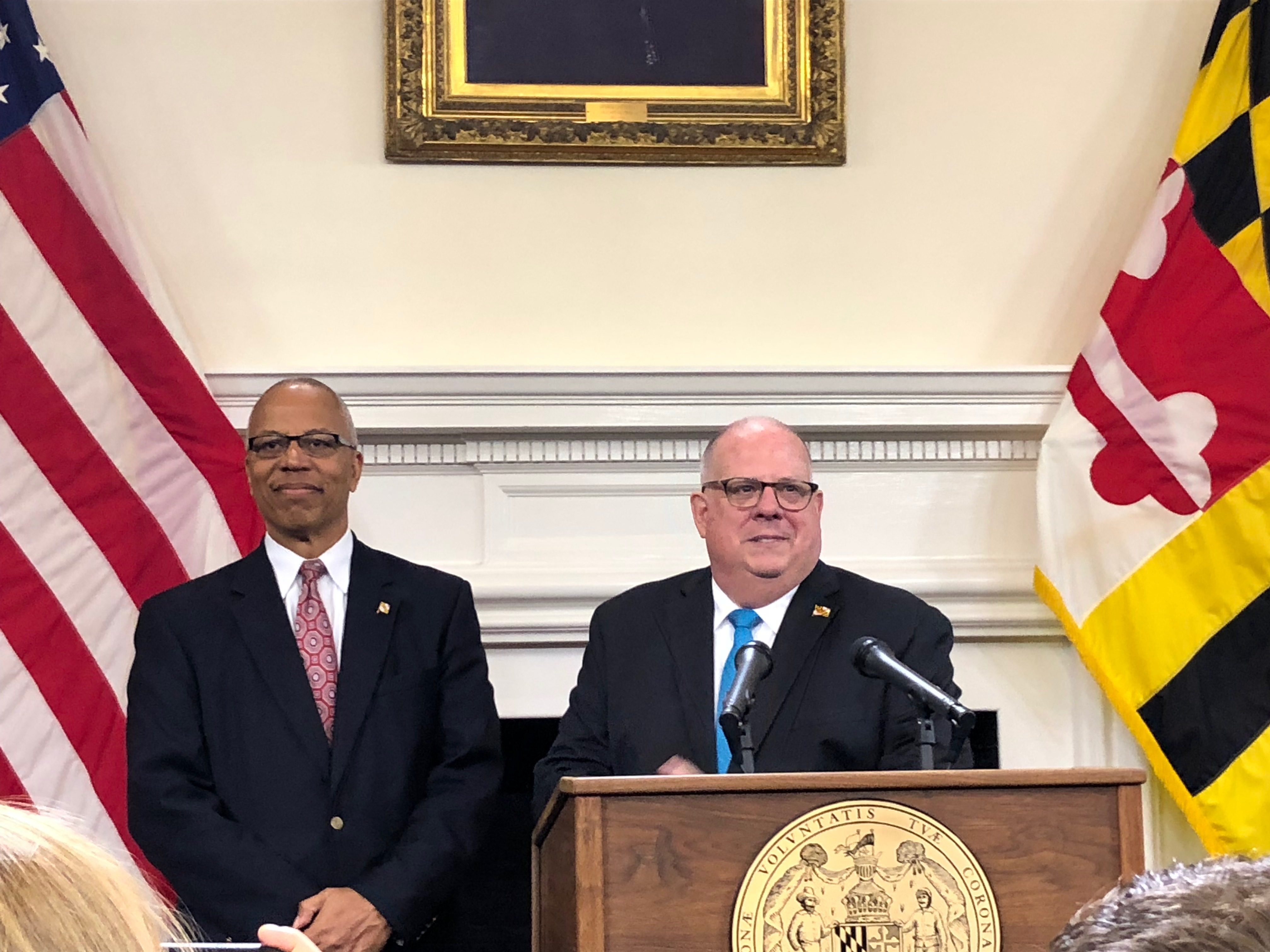 Gov. Larry Hogan — a day after winning re-election in the Maryland governor’s race — held a celebratory press conference in the Governor’s Reception Room of the Maryland State House on Wednesday, Nov. 7, 2018, in Annapolis, Maryland. (Photo by Brooks DuBose/Capital News Service)