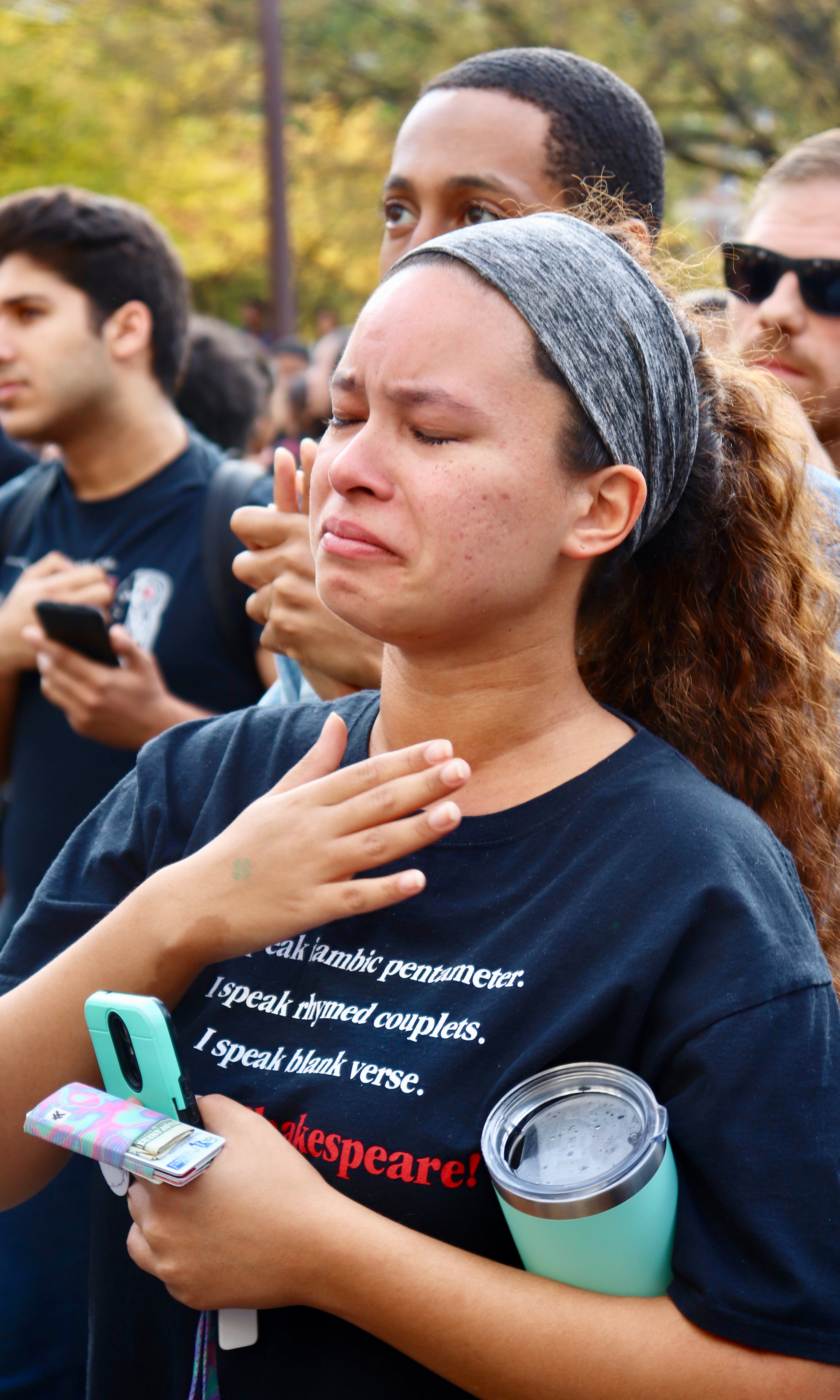 COLLEGE PARK - A student was brought to tears by a student rally at the University of Maryland in memory of Jordan McNair. (Albane Guichard/Capital News Service)