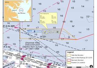 Five million bushels of oyster shell would be removed from the proposed dredging site between the areas designated for spat on shell placement and the Man O’ War/Gales Lump Sanctuary. (Map courtesy of the Maryland Department of Natural Resources)