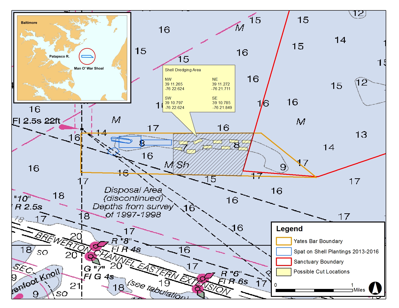 Five million bushels of oyster shell would be removed from the proposed dredging site between the areas designated for spat on shell placement and the Man O’ War/Gales Lump Sanctuary. (Map courtesy of the Maryland Department of Natural Resources)