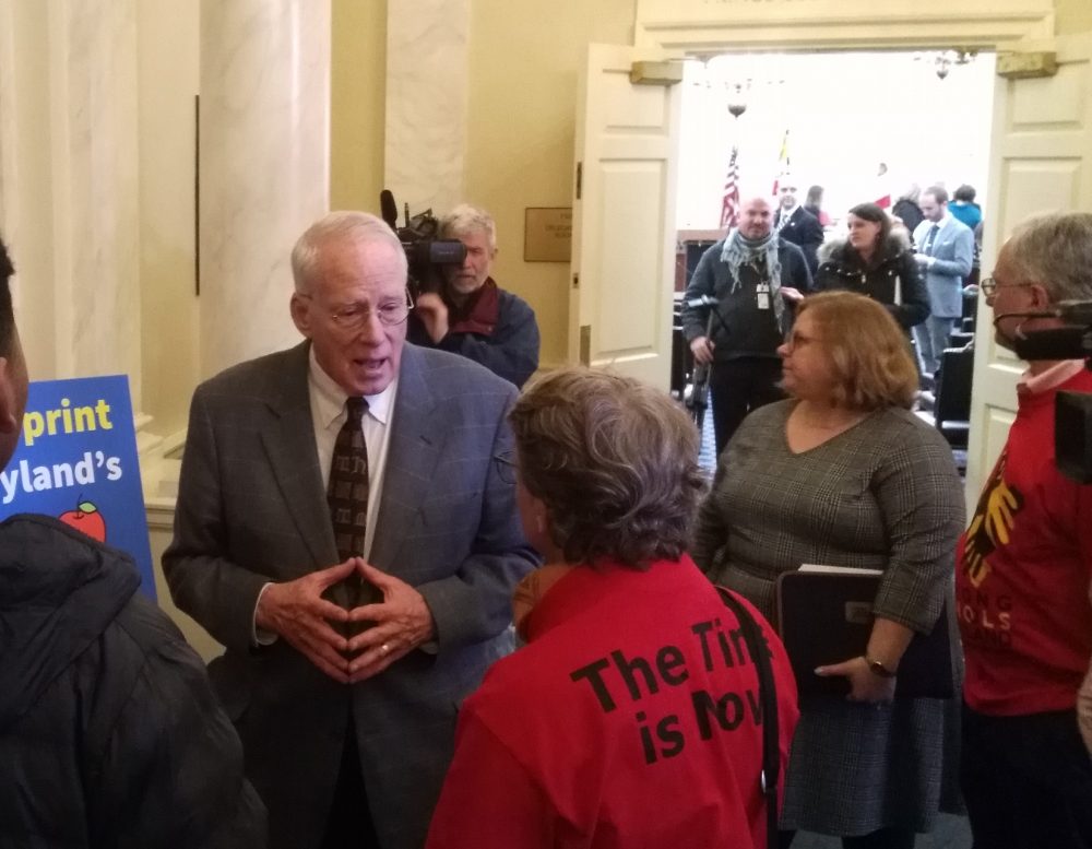 William Kirwan discussed school improvements with Strong Schools Maryland representatives in Annapolis March 5, 2019.