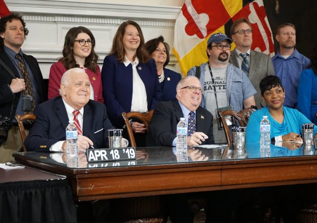 Gov. Larry Hogan signed a bill April 18, 2019 in Annapolis to establish June 28 as Maryland's Freedom of the Press day. Photo by Charlie Youngmann / Capital News Service