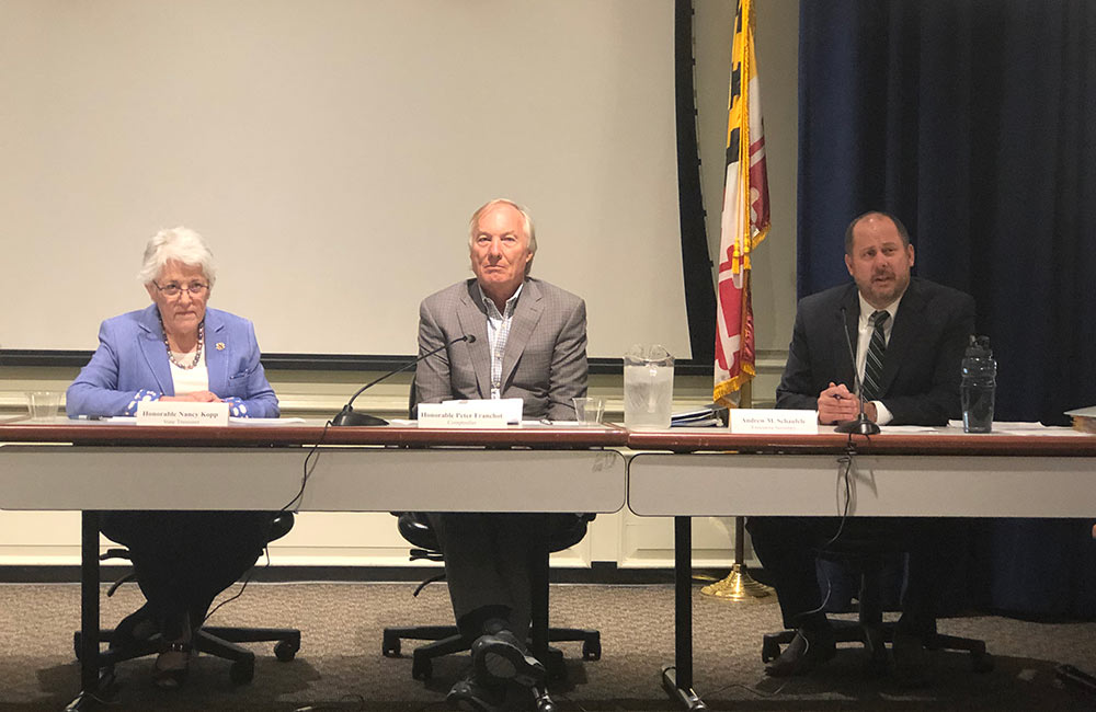 Maryland Comptroller Peter Franchot, center, and State Treasurer Nancy Kopp, left, listen as Bureau of Revenue Estimates Director Andrew Schaufele explains the revised revenue projections for fiscal year 2020 during a Board of Revenue Estimates meeting in Annapolis, Maryland, on Sept. 19, 2019. Capital News Service photo by Elliott Davis.