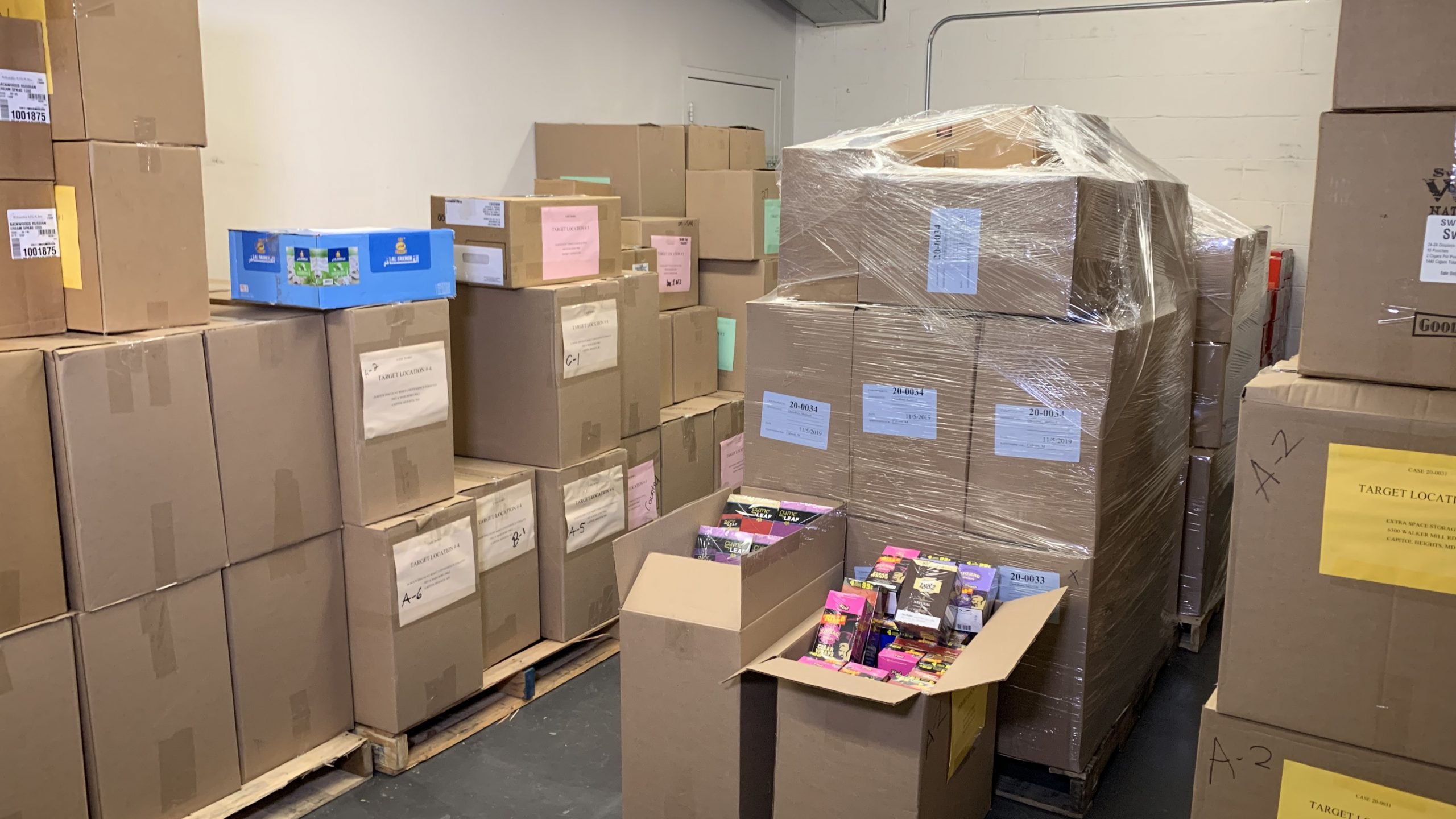 Boxes of contraband tobacco products recovered in a bust crowd a storage room in the Louis L. Goldstein Treasury Building in Annapolis on Nov. 20, 2019. (Capital News Service photo by Eric Myers.)