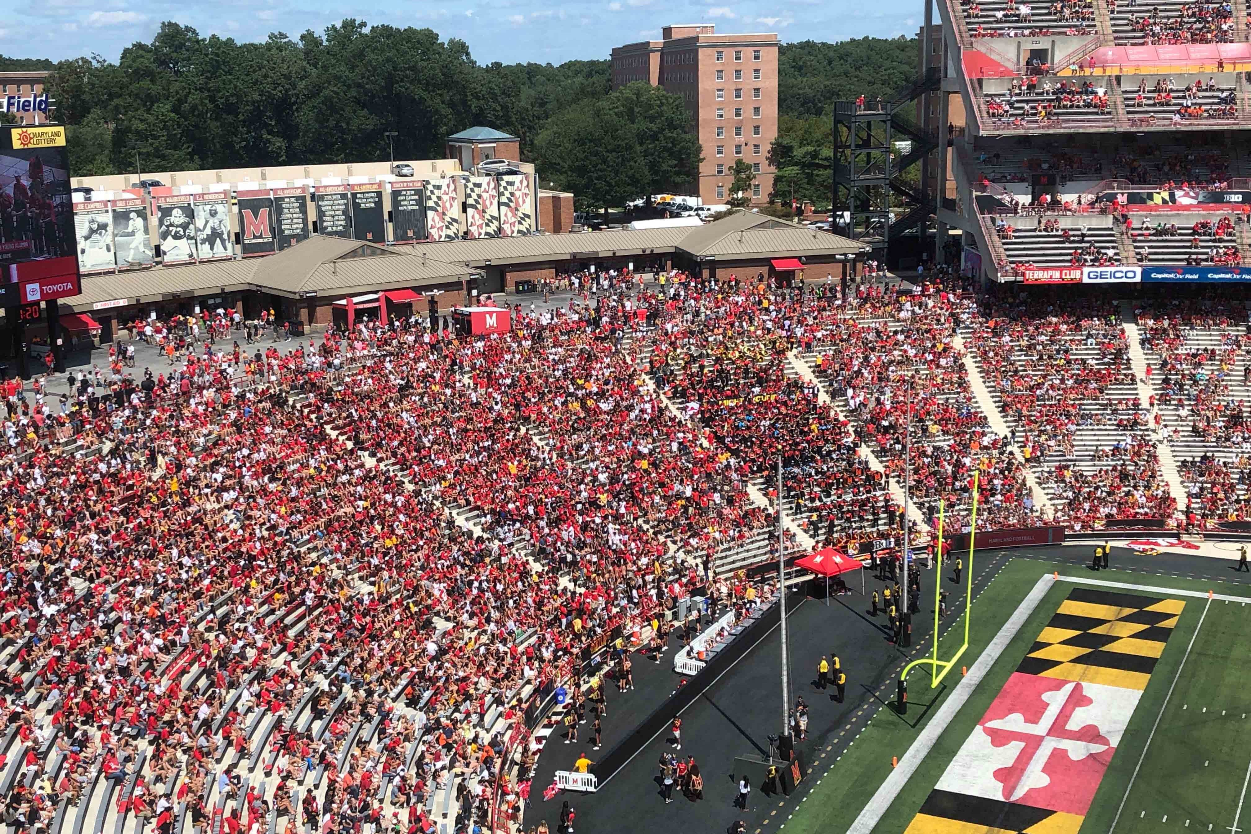 The stands at Maryland stadium are partially full as the Terps football team plays Syracuse on Sept. 7, 2019. As college football attendance has decreased in recent years, NCAA rules have allowed Maryland and other schools to report attendance figures that do not always match the number of fans in the stands.