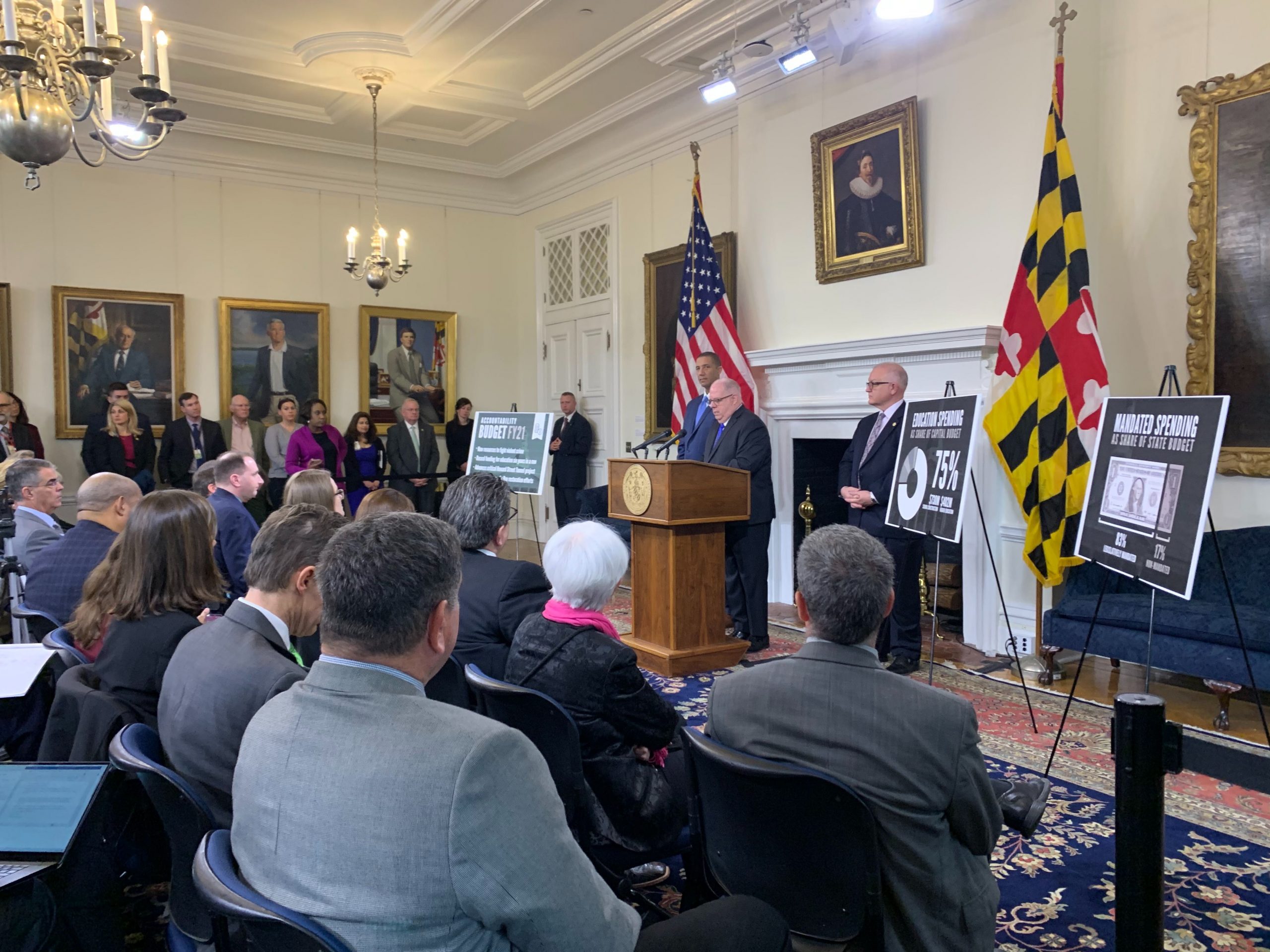 Gov. Larry Hogan, R, holds a press conference at the State House on Tuesday, January 14, 2020, to reveal highlights of the 2021 fiscal budget. (Capital News Service Photo by Alexis Duda.)