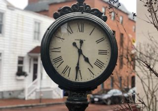A clock at the corner of State Circle and Francis Street in Annapolis, Maryland, on March 3, 2020. Daylight Saving Time begins on Sunday, March 8, at 2 a.m. (Jeff Barnes/Capital News Service)