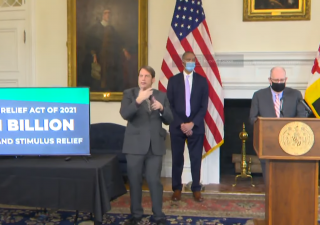 Gov. Larry Hogan, R, presents highlights of his budget to the press in the reception room of the State House Jan. 19, 2021. Darryl Kinsey Jr./Capital News Service.