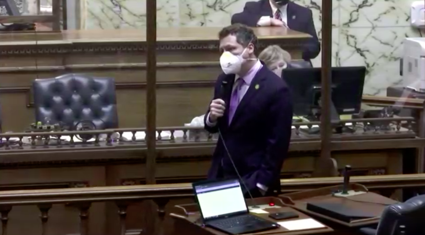 Del. Eric Luedtke, D–Montgomery, defends his bill –– which would impose a digital advertising tax and raise taxes on tobacco products –– on the House floor on Feb. 11, 2021. (Screenshot by Jack Hogan / Capital News Service)