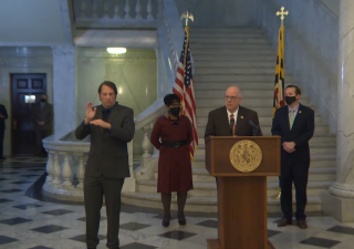 Gov. Larry Hogan, R, addresses the media on new spending allocations from the American Rescue Act. March 31 2020. screenshot by Darryl Kinsey Jr./Capital News Service)