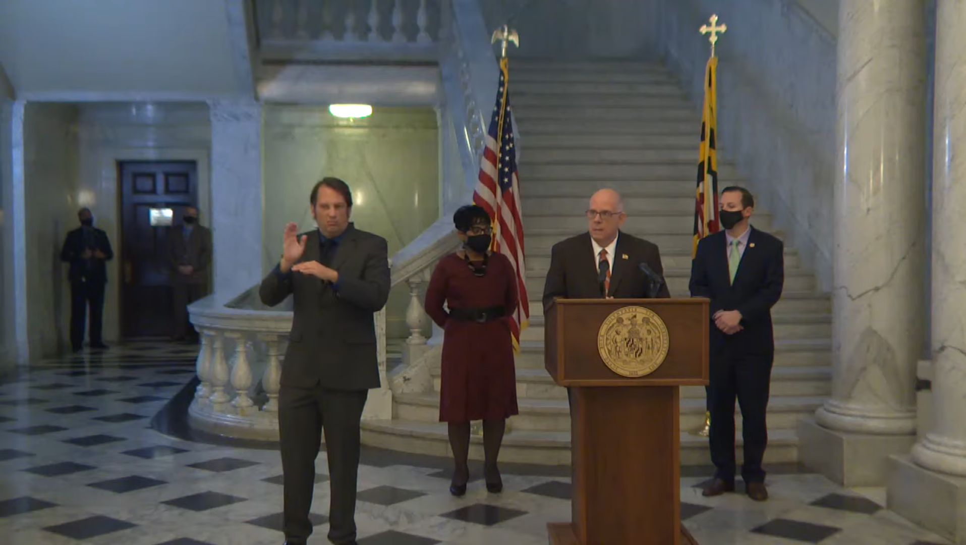 Gov. Larry Hogan, R, addresses the media on new spending allocations from the American Rescue Act. March 31 2020. screenshot by Darryl Kinsey Jr./Capital News Service)
