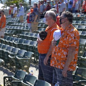 Orioles fans socially distanced in their pod seating and wearing masks at a spring training game in Sarasota, Florida, on March 4. (Photo credit: Baltimore Orioles.