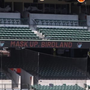 Signage at Camden Yards in Baltimore encourages fans to wear their masks on August 19, 2020. (Photo credit: Baltimore Orioles.)