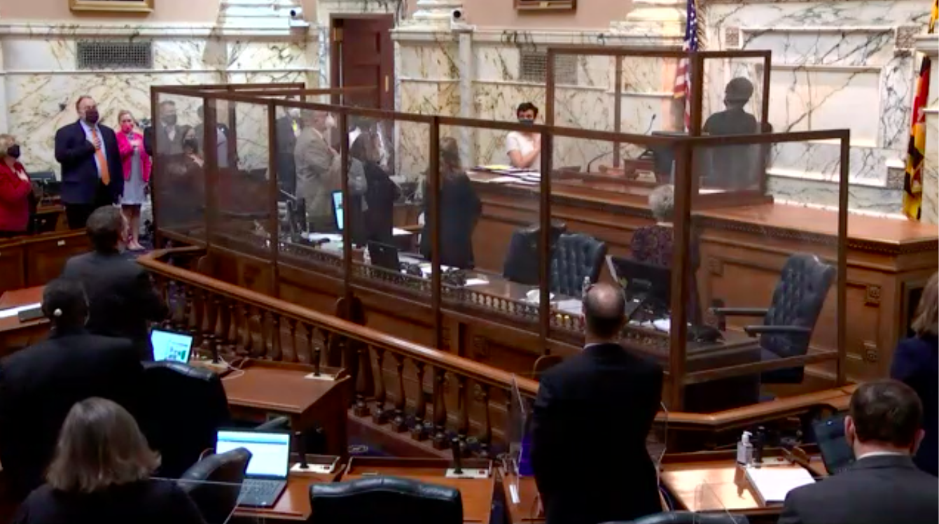 Members of the Maryland House of Delegates recite the Pledge of Allegiance before commencing their March 30 floor session, in which two unemployment insurance bills passed (Screenshot by Jack Hogan / Capital News Service).
