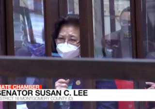 Sen. Susan Lee, D-Montgomery, addresses the Maryland Senate on March 17, the day after a gunman killed eight people, including six women of Asian descent, at three Atlanta-area spas. (Screenshot by Jack Hogan / Capital News Service)