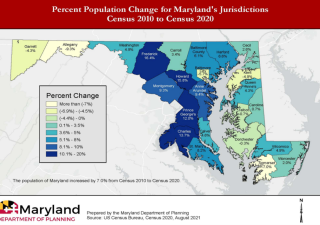 Map showing percent population change in Maryland counties from 2010 to 2020. (Screenshot/Maryland Department of Planning)