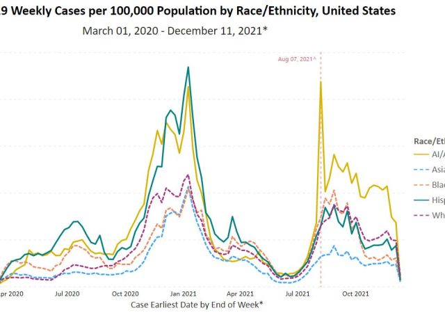 The CDC displays aggregated race and ethnicity data in its COVID-19 tracker on Dec. 9, 2021. Source: https://covid.cdc.gov/covid-data-tracker/index.html#demographicsovertime (Screenshot by Trisha Ahmed/Capital News Service)
