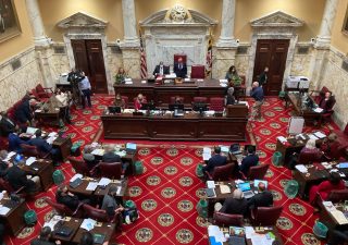 The Maryland State Senate met Dec. 6, 2021, to introduce congressional redistricting bills and override vetoes from Gov. Larry Hogan. (Allison Mollenkamp/Capital News Service)