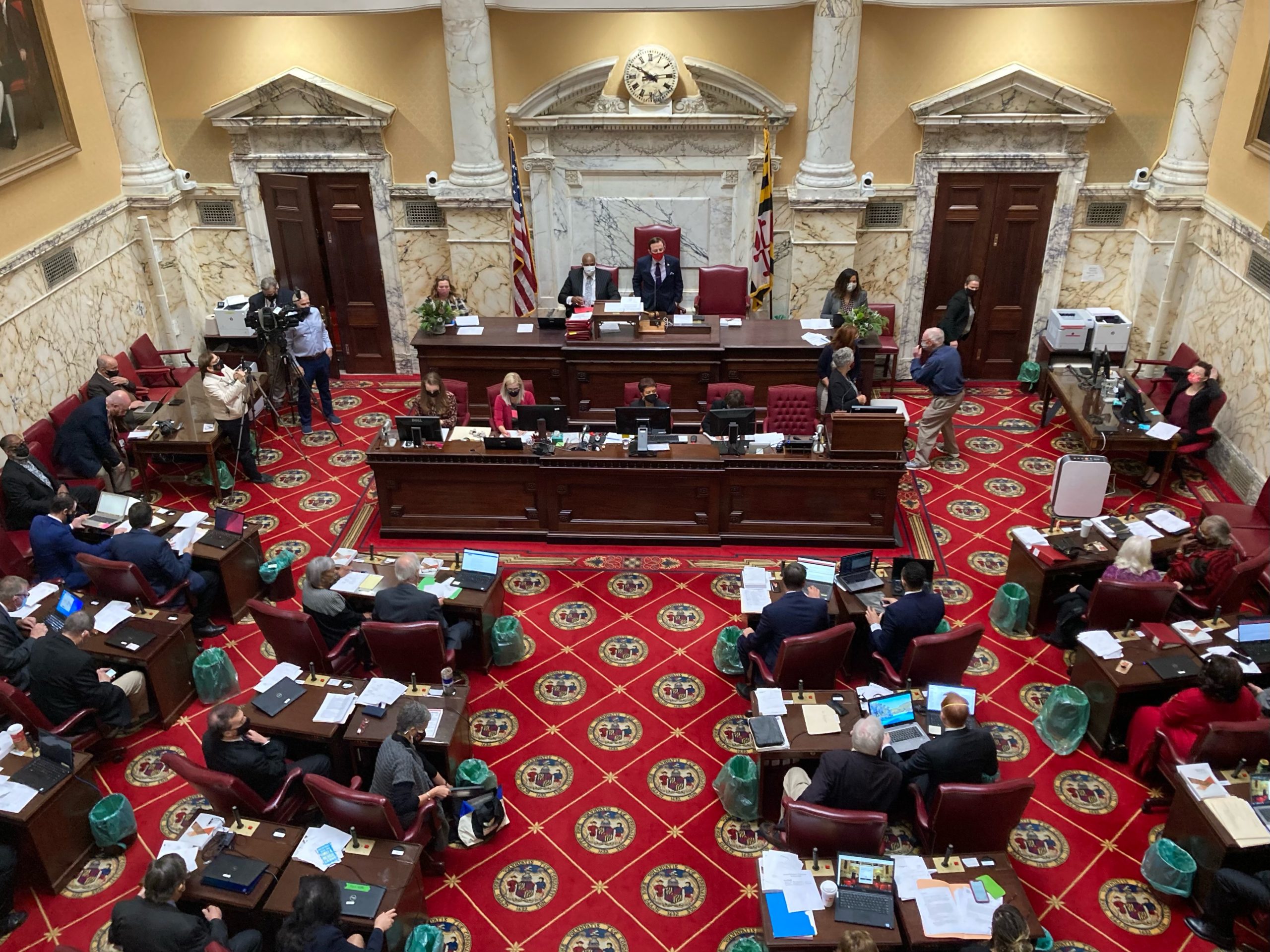 The Maryland State Senate met Dec. 6, 2021, to introduce congressional redistricting bills and override vetoes from Gov. Larry Hogan. (Allison Mollenkamp/Capital News Service)