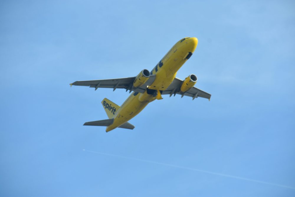 BALTIMORE - A Spirit Airlines plane flies overhead. (BWI Marshall Airport)