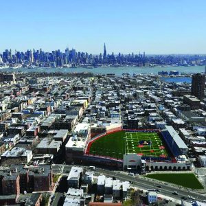 The multi-use athletic field on the roof of Union City high school offers a view of Manhattan. (Photo credit: Union City)