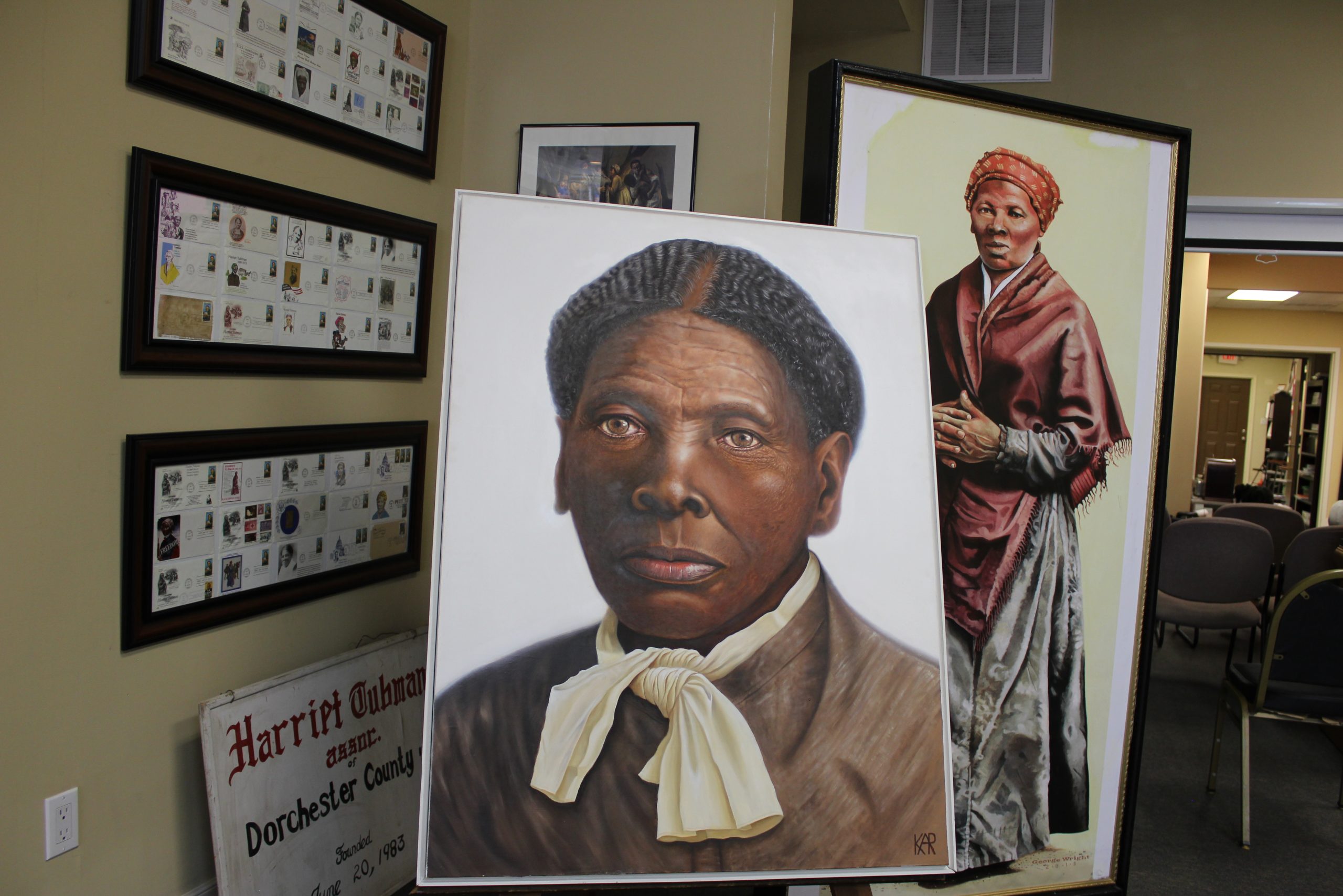 Portraits of Underground Railroad abductor Harriet Tubman sit on display in the Harriet Tubman Museum and Educational Center in Cambridge