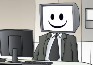 A figure with a computer monitor for a head sits down at his desk and goes to work