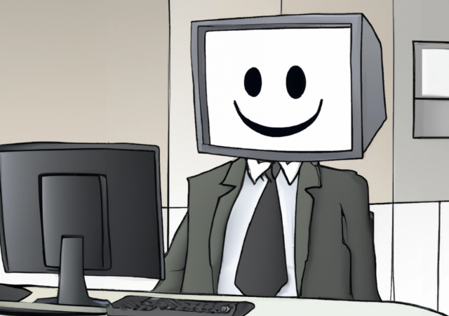 A figure with a computer monitor for a head sits down at his desk and goes to work