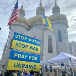 Large banners outside St. Michael Ukrainian Catholic Church protest Russia’s invasion of Ukraine at the 45th annual Baltimore Ukrainian Festival. (Sapna Bansil/Capital News Service)