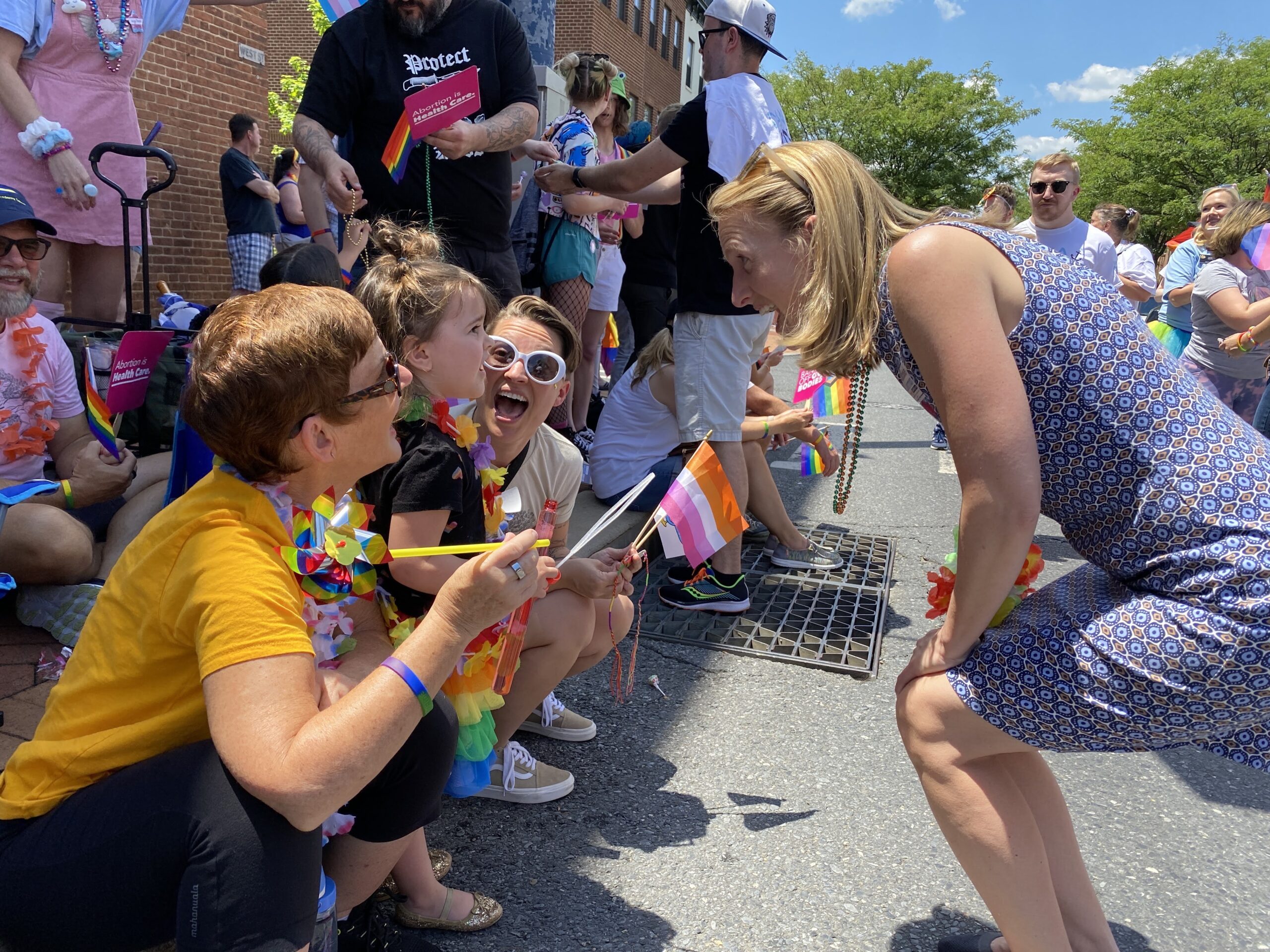 Democratic comptroller candidate Brooke Lierman talks to an enthusiastic young voter. Lierman is the first woman independently elected to statewide office in Maryland. (Courtesy Brooke Lierman for Maryland)