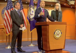 WASHINGTON - Reps. Hakeem Jeffries of New York (center), Katherine Clark of Massachusetts (right) and Pete Aguilar of California, the new Democratic House leadership, held a press conference on Tuesday to discuss their future plans for the party. (Courtney Cohn/Capital News Service)