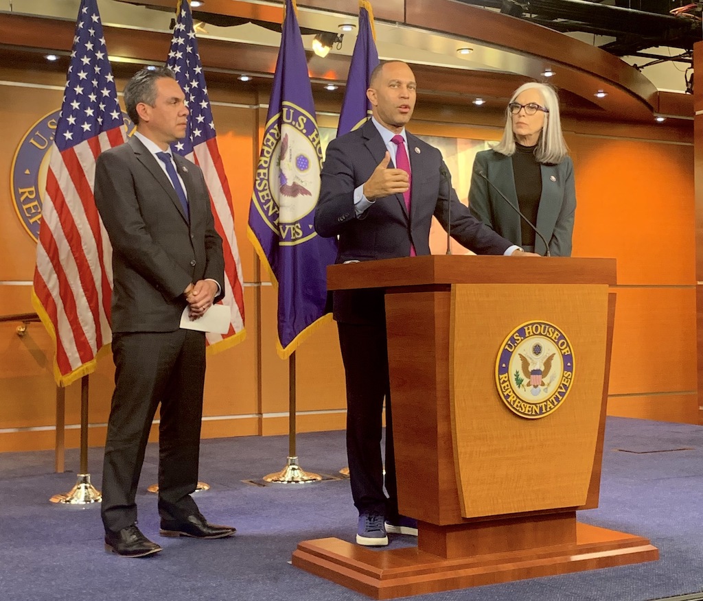 WASHINGTON - Reps. Hakeem Jeffries of New York (center), Katherine Clark of Massachusetts (right) and Pete Aguilar of California, the new Democratic House leadership, held a press conference on Tuesday to discuss their future plans for the party. (Courtney Cohn/Capital News Service)