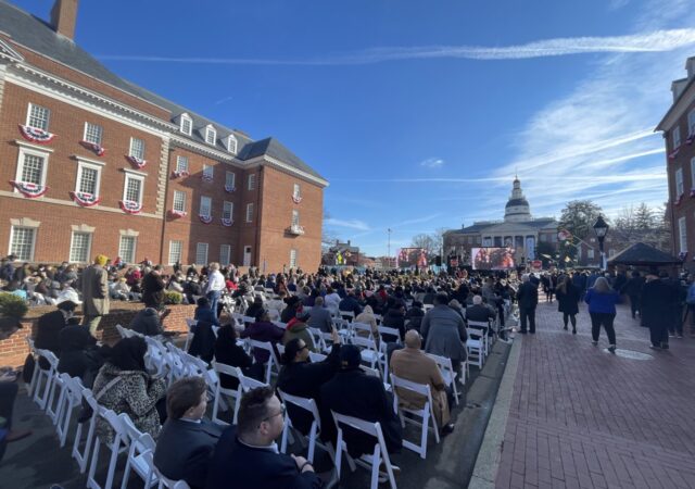 Onlookers await the start of Wes Moore's inauguration at Maryland's State House (Photo by Greg Morton/Capital News Service)