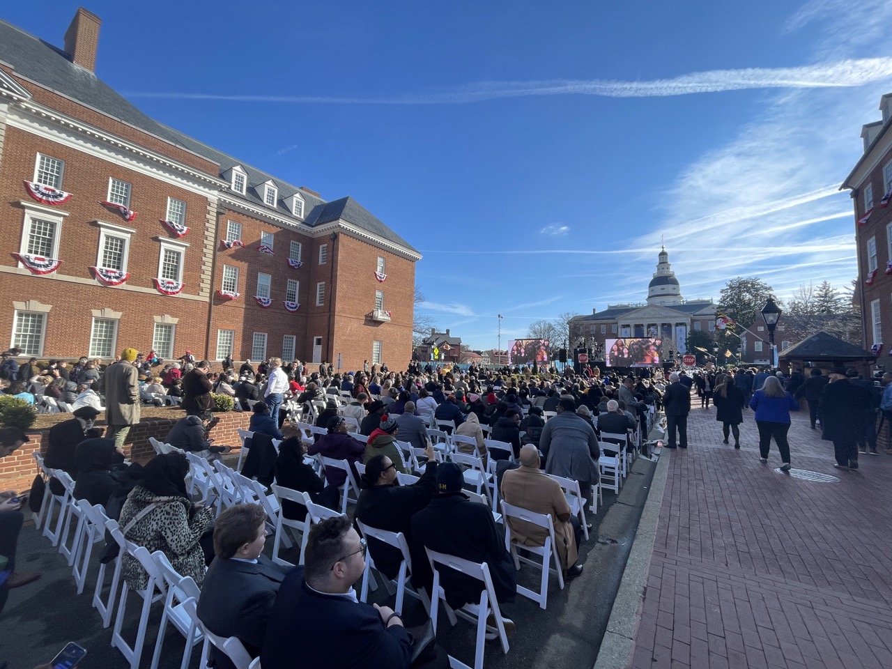 Onlookers await the start of Wes Moore's inauguration at Maryland's State House (Photo by Greg Morton/Capital News Service)