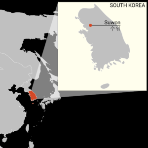 A map of South Korea depicts the city of Suwon in western South Korea.