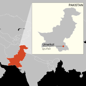 A map of Pakistan depicts the city of Umerkot in southern Pakistan.
